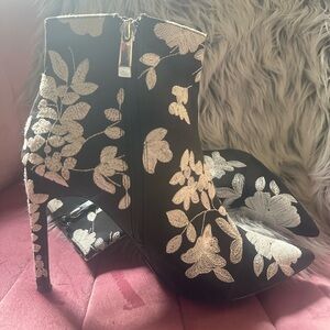 Zara Black and Cream Floral Ankle Boots
